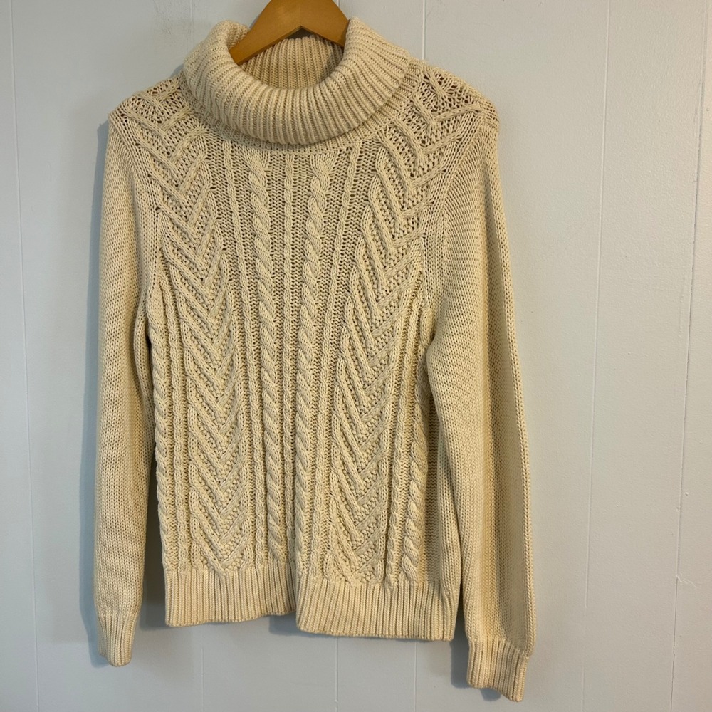 Lands End Drifter Cream Cable Knit Turtleneck Sweater Women L 14 16‎